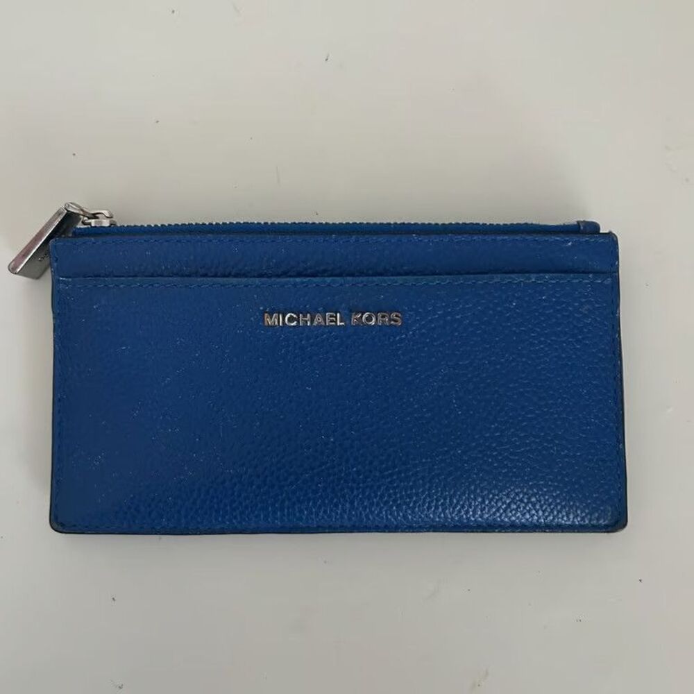 Michael Kors Zip Card Case Wallet Blue Pebbled Leather Silver Keychain Womens